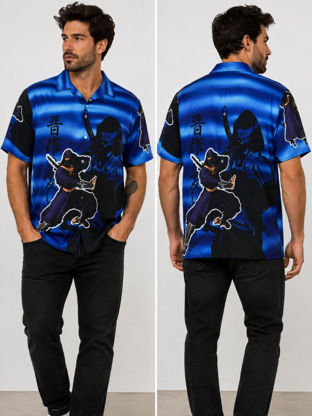 Mecca Sport Ninja Graphic Polo Shirt Men Large Blue Japanese Martial Arts Print